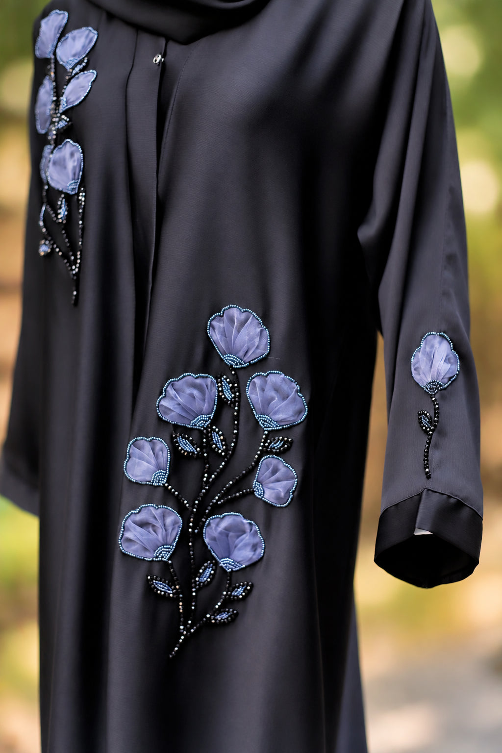 hand details Black floral katdana Abbaya | Hayae' Premium Abbaya