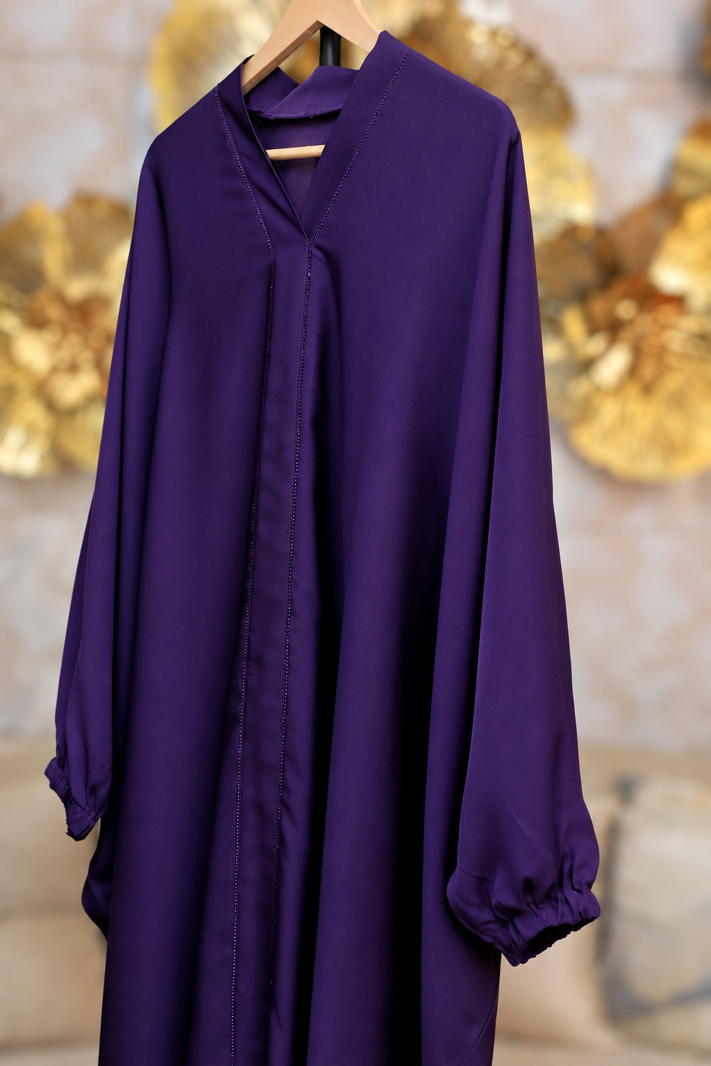 Elastic Sleeves Plain Plum stone line neck Abaya | Hayae' Premium Abaya