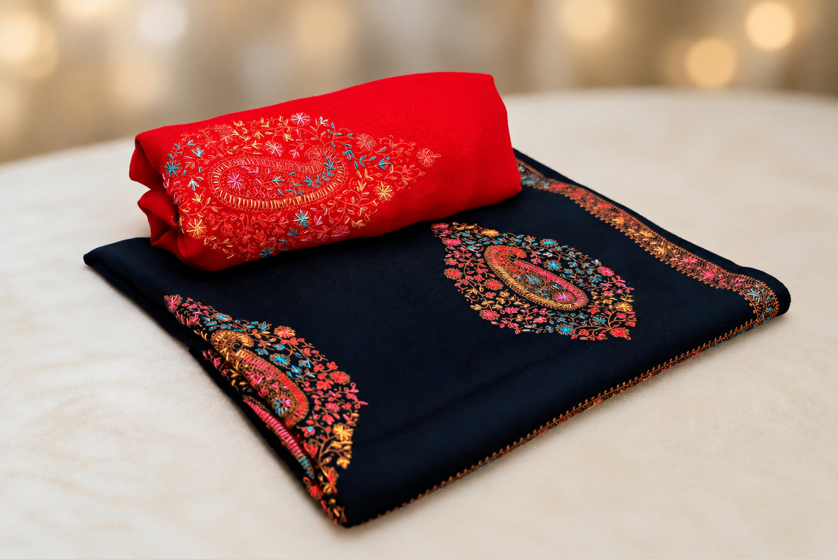 BLACK and rad motif embroidered winter stole— HAYAE' premium modest wear Pakistan"
