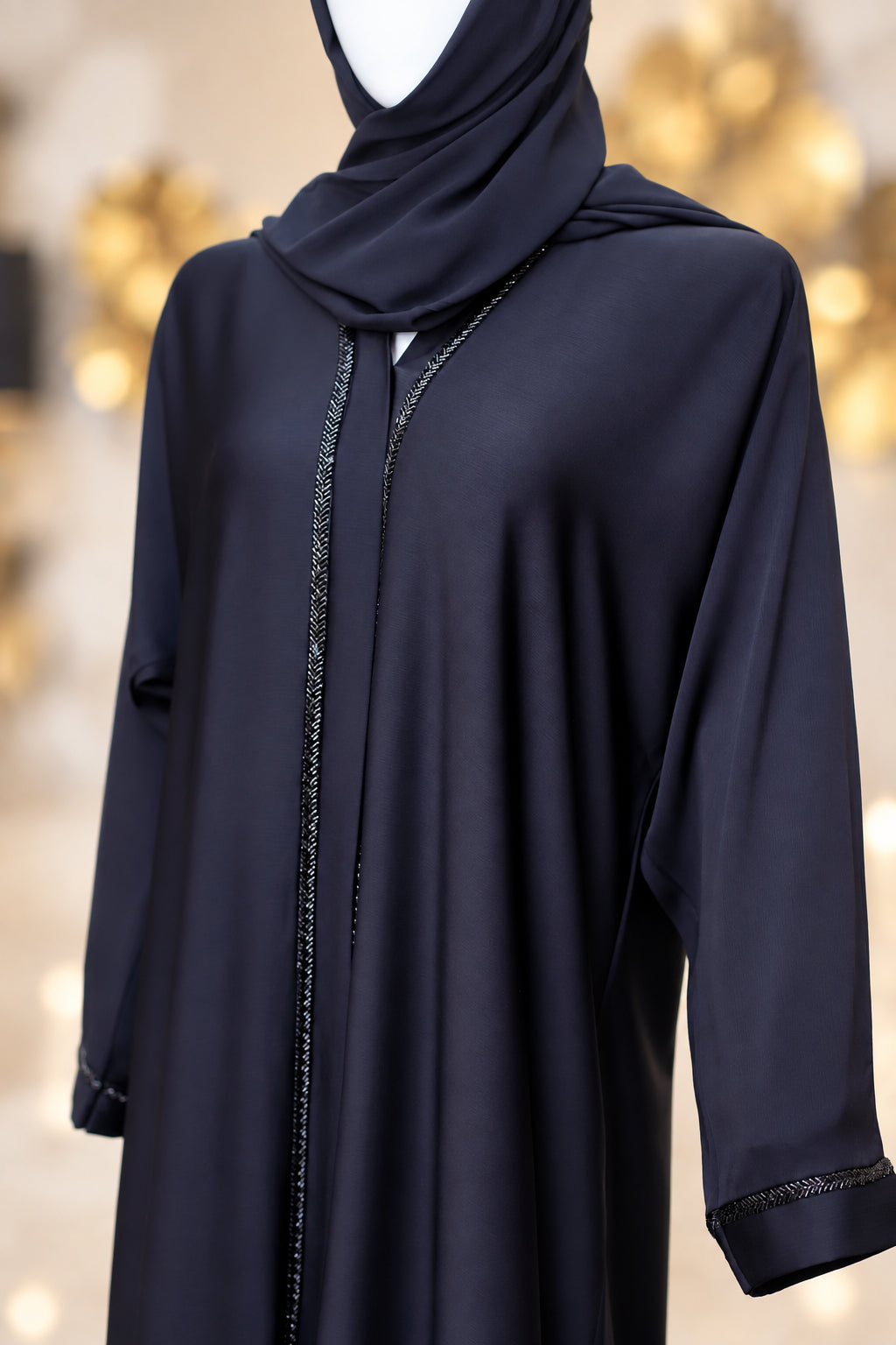 close up Straight Line Katdana Black Abaya | Hayae' Premium Abaya 