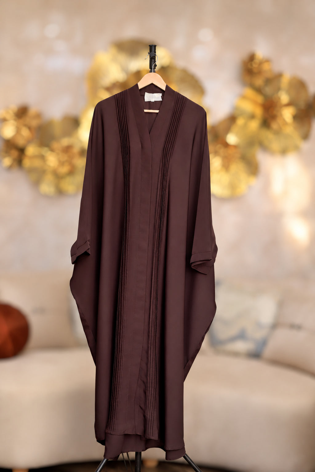 Details Brown Plain Plated Abaya | Hayae' Premium Abaya 