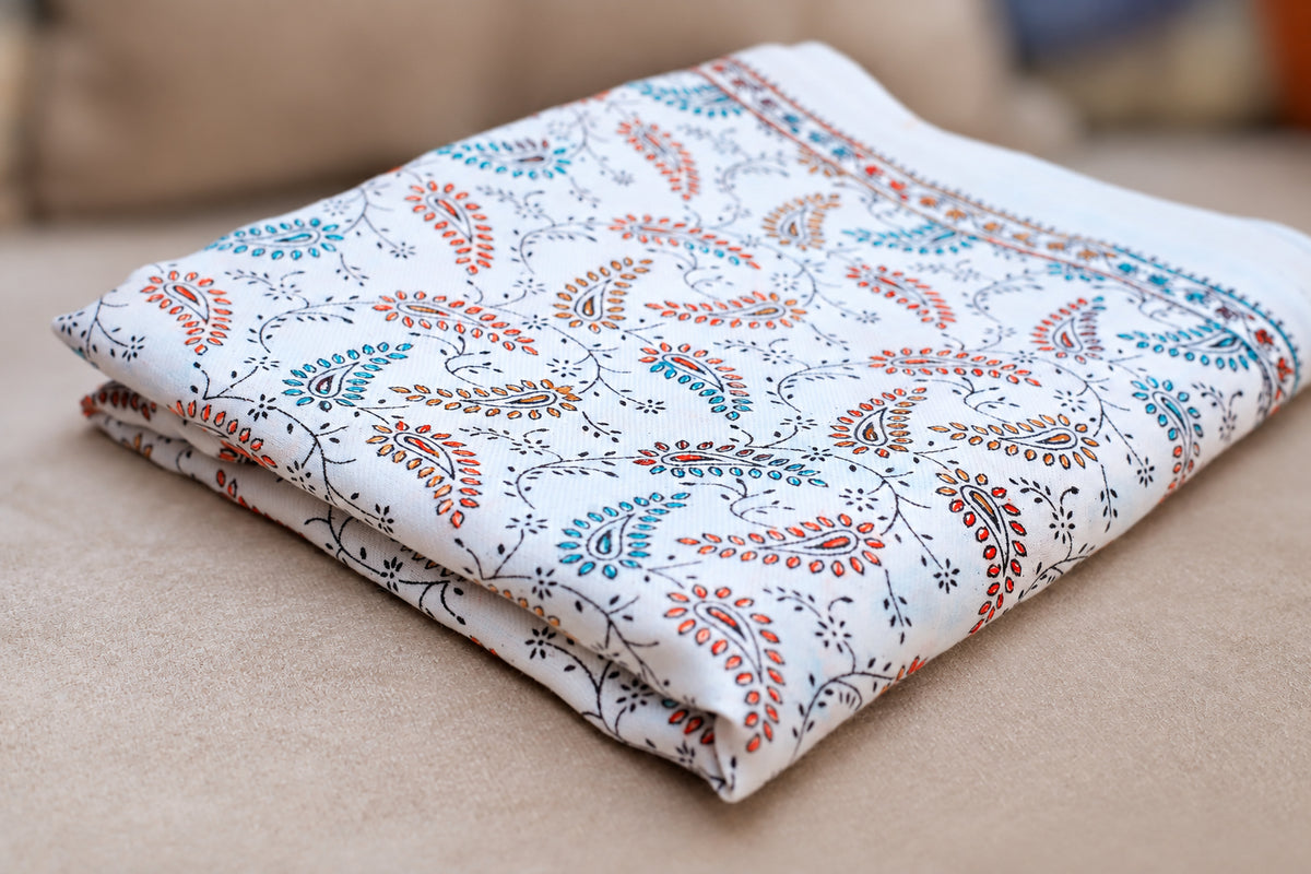Folded detail White Mirchi embroidered winter shawl— HAYAE' premium modest wear Pakistan"