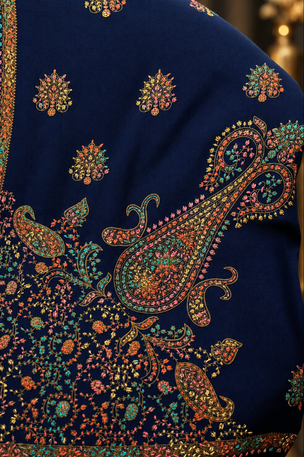 Detail Navy blue sea motif embroidery shawl for women — HAYAE' luxury modest fashion Pakistan