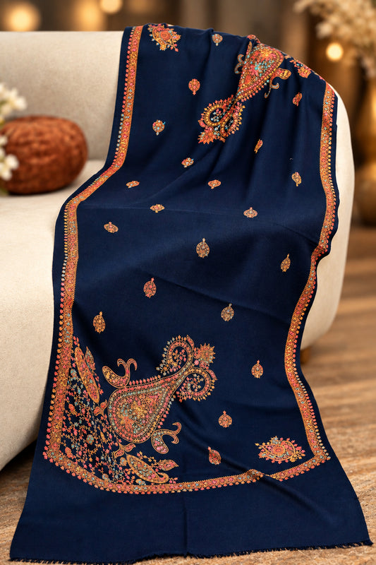 Navy blue sea motif embroidery shawl for women — HAYAE' luxury modest fashion Pakistan