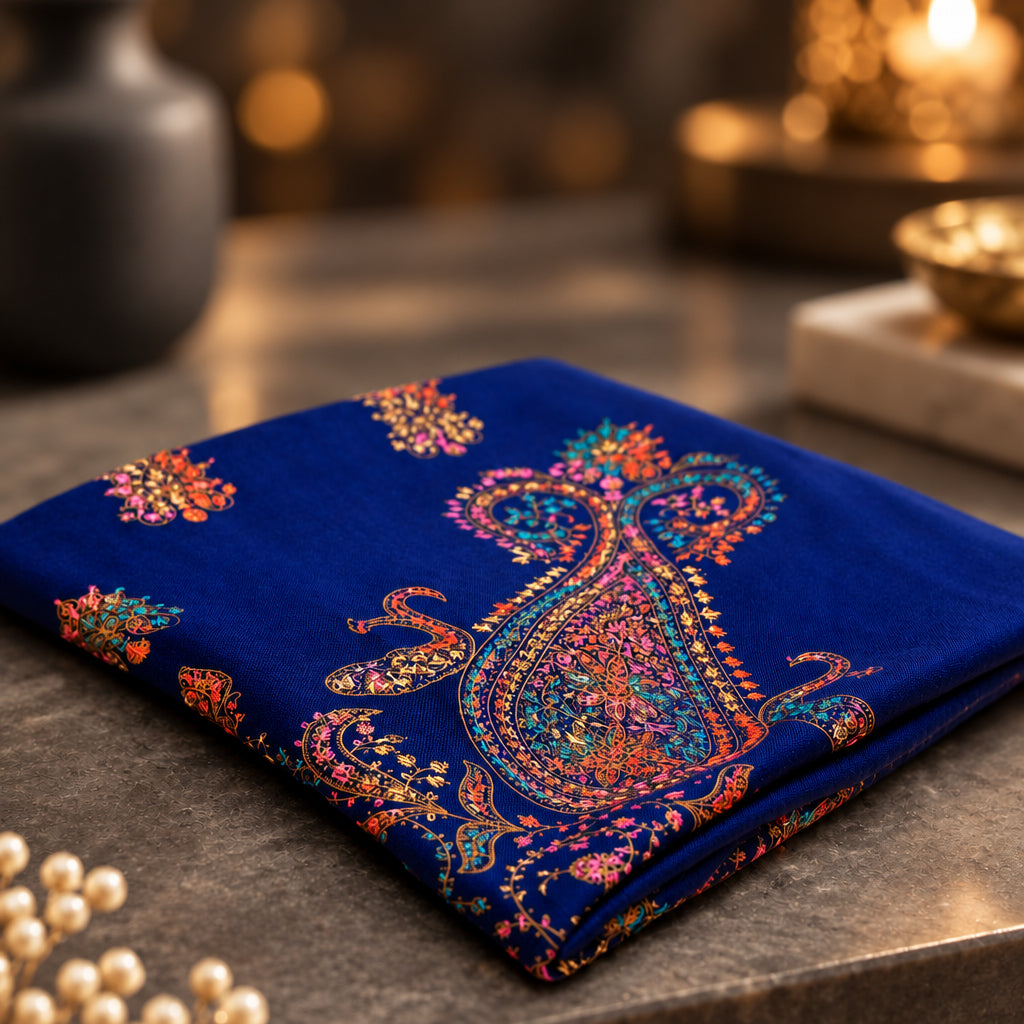 Folded Navy blue sea motif embroidery shawl for women — HAYAE' luxury modest fashion Pakistan