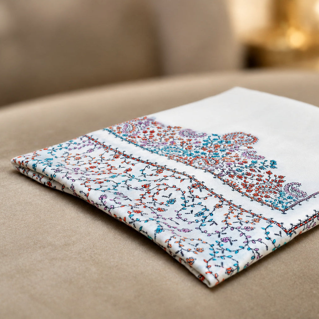 Folded White Kacha tanka embroidery stole— HAYAE' premium modest wear Pakistan"l