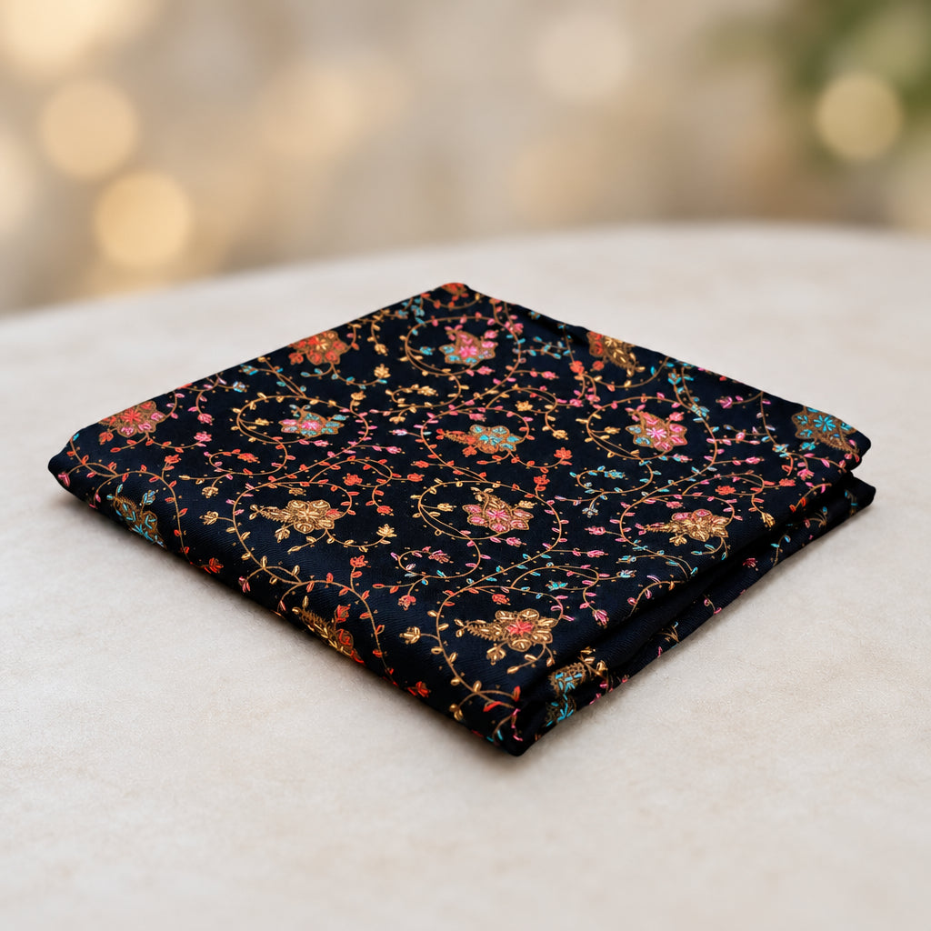 folded Black multi-floral embroidery shawl for women — HAYAE' luxury modest fashion Pakistan