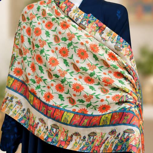 Close up Elephant floral printed stole for women — HAYAE' luxury modest fashion Pakistan