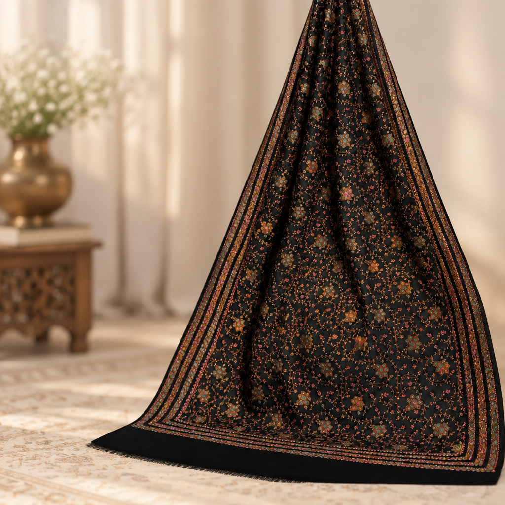 drape Black multi-floral embroidery shawl for women — HAYAE' luxury modest fashion Pakistan