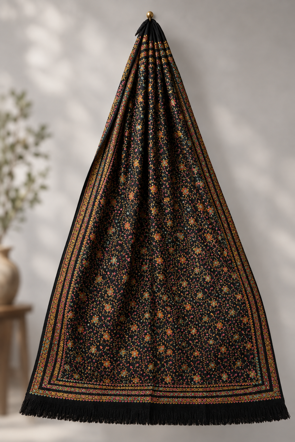 Black multi-floral embroidery shawl for women — HAYAE' luxury modest fashion Pakistan