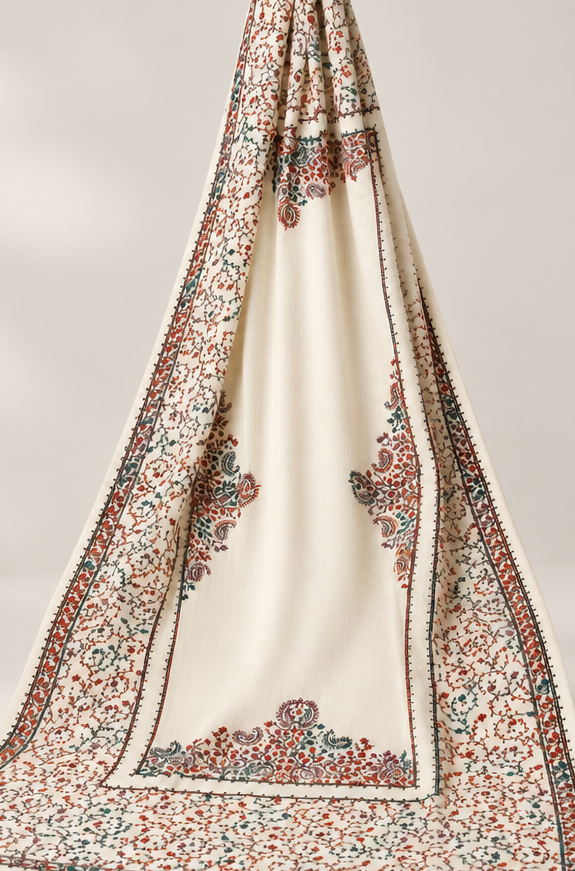 White Kacha tanka embroidery stole— HAYAE' premium modest wear Pakistan"