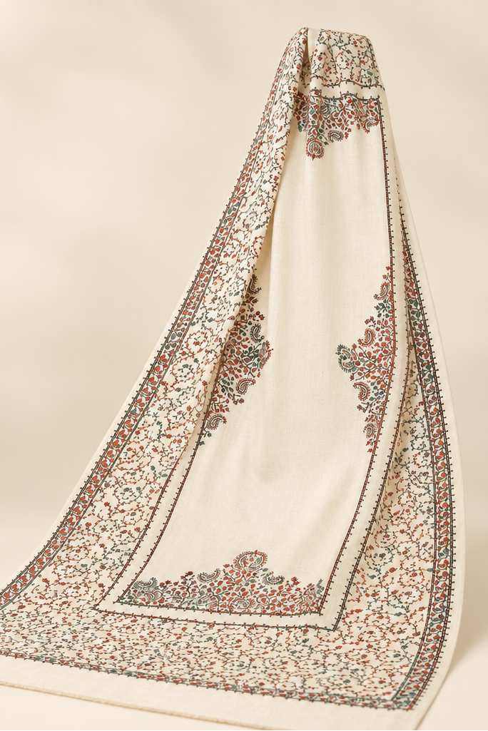 Close up White Kacha tanka embroidery stole— HAYAE' premium modest wear Pakistan"