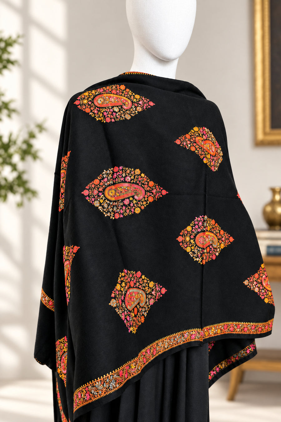 Black Motif embroidered winter stole shawl — HAYAE' premium modest wear Pakistan"